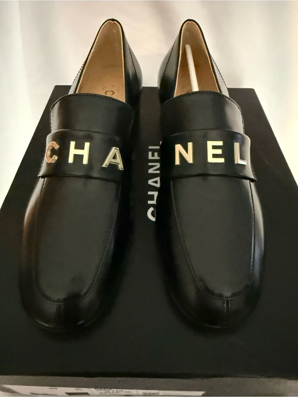 Chanel Black Leather Logo Strap women’s Loafers